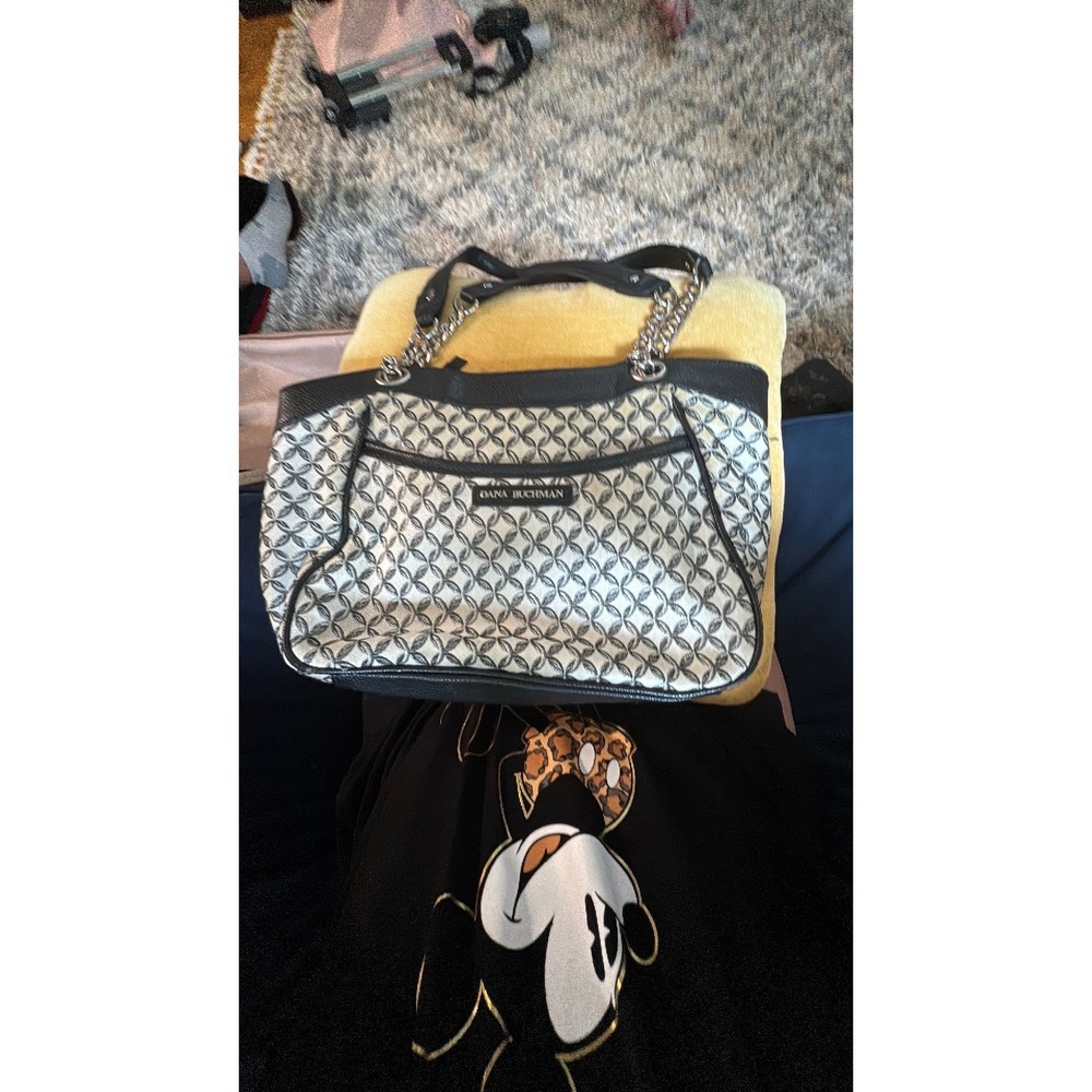 Dana Buchman Black White Geometric Shoulder Bag Tote Silver Chain Straps